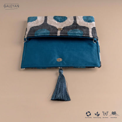 Silk Velvet Ikat Clutch – Off White / Turquoise/ Midnight Indigo