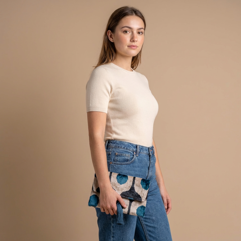 Silk Velvet Ikat Clutch – Off White / Turquoise/ Midnight Indigo