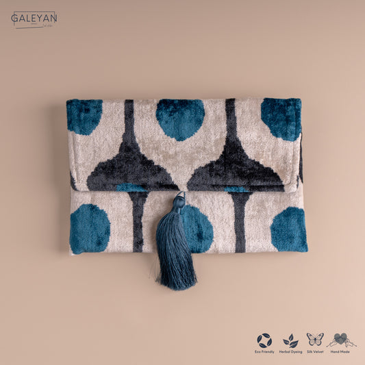 Silk Velvet Ikat Clutch – Off White / Turquoise/ Midnight Indigo