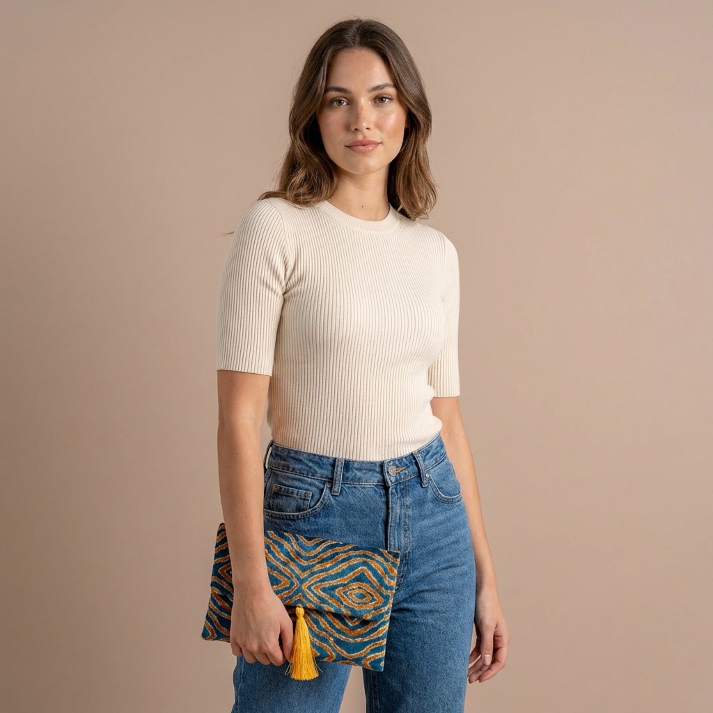 Silk Velvet Ikat Clutch – Off White / Saffron Gold / Turquoise