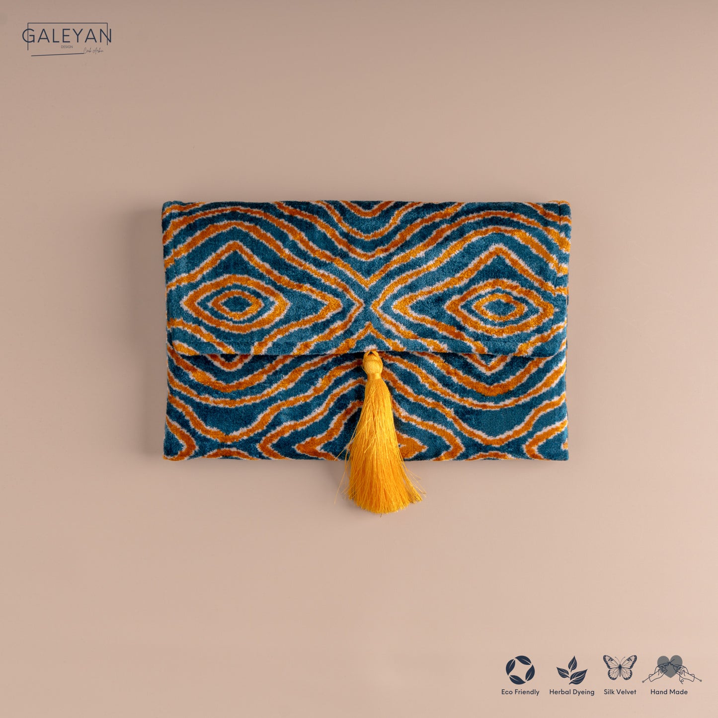 Silk Velvet Ikat Clutch – Off White / Saffron Gold / Turquoise