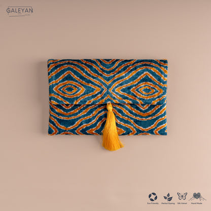 Silk Velvet Ikat Clutch – Off White / Saffron Gold / Turquoise