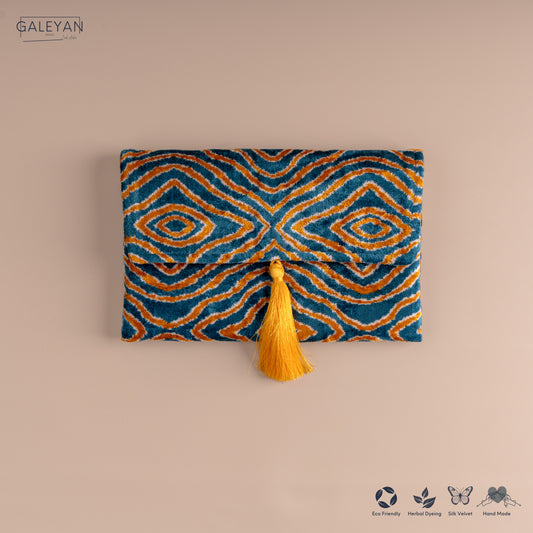 Silk Velvet Ikat Clutch – Off White / Saffron Gold / Turquoise