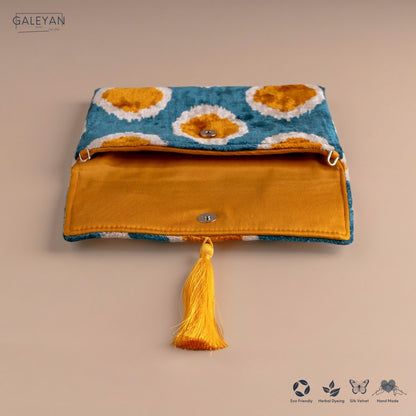 Silk Velvet Ikat Clutch – Off White / Saffron Gold / Turquoise