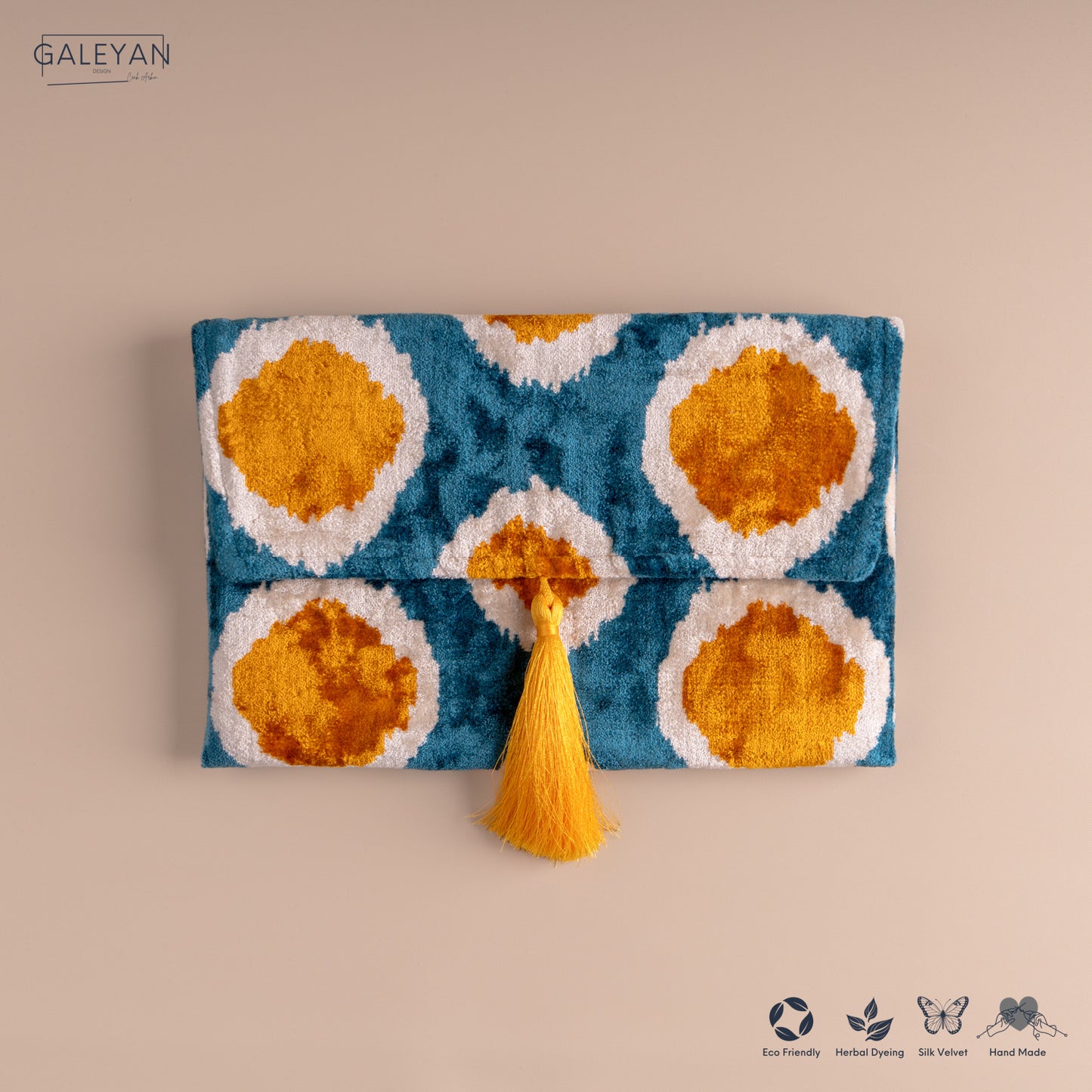 Silk Velvet Ikat Clutch – Off White / Saffron Gold / Turquoise