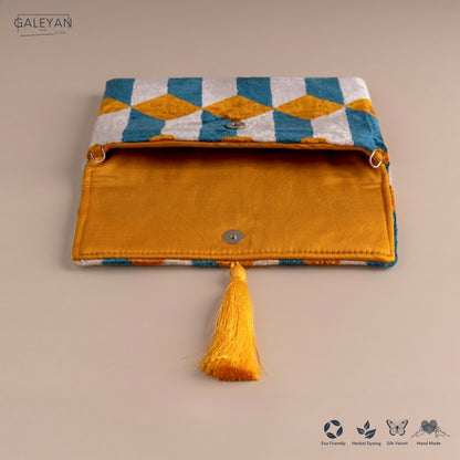 Silk Velvet Ikat Clutch – Off White / Saffron Gold / Turquoise