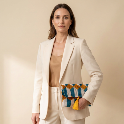 Silk Velvet Ikat Clutch – Off White / Saffron Gold / Turquoise