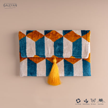 Silk Velvet Ikat Clutch – Off White / Saffron Gold / Turquoise