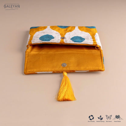 Silk Velvet Ikat Clutch – Off White / Saffron Gold / Turquoise