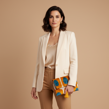 Silk Velvet Ikat Clutch – Off White / Saffron Gold / Turquoise