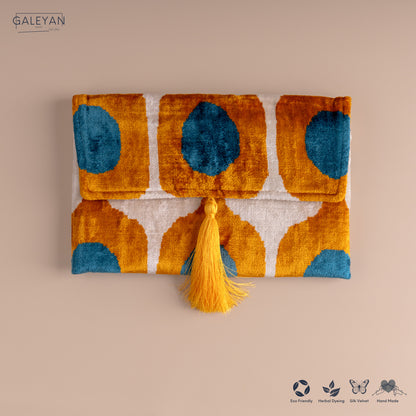 Silk Velvet Ikat Clutch – Off White / Saffron Gold / Turquoise