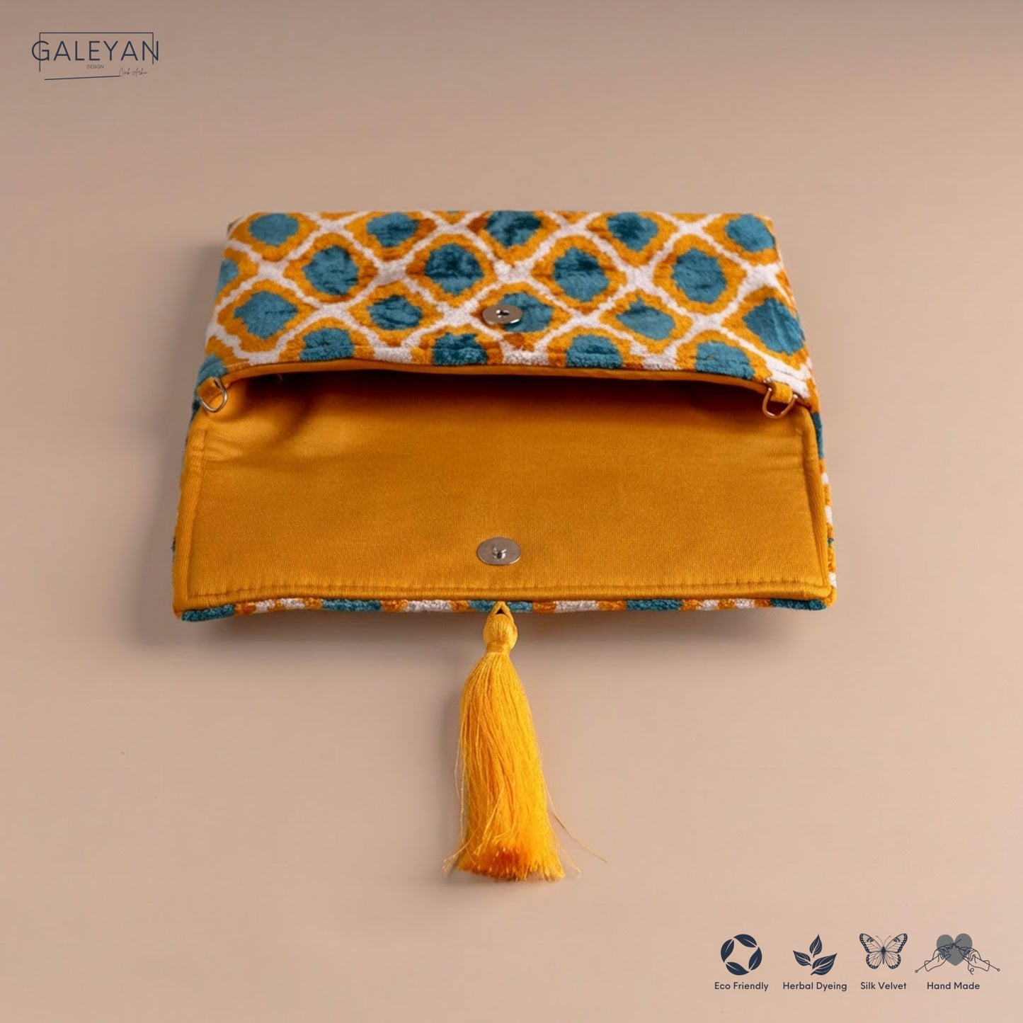Silk Velvet Ikat Clutch – Off White / Saffron Gold / Turquoise