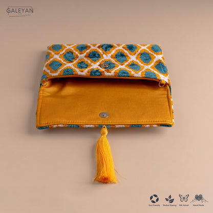 Silk Velvet Ikat Clutch – Off White / Saffron Gold / Turquoise