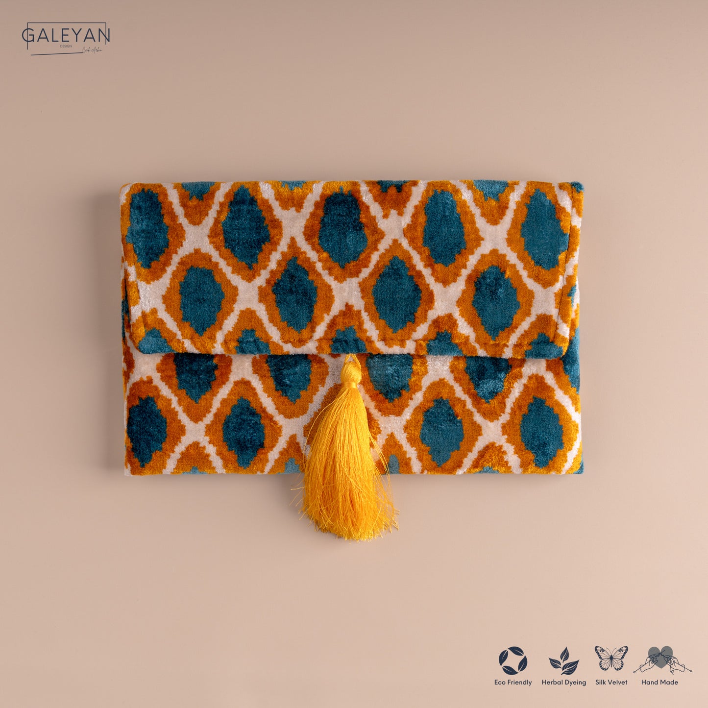 Silk Velvet Ikat Clutch – Off White / Saffron Gold / Turquoise