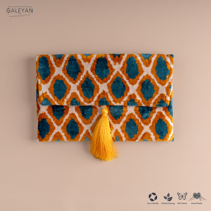 Silk Velvet Ikat Clutch – Off White / Saffron Gold / Turquoise