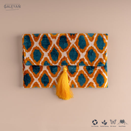 Silk Velvet Ikat Clutch – Off White / Saffron Gold / Turquoise