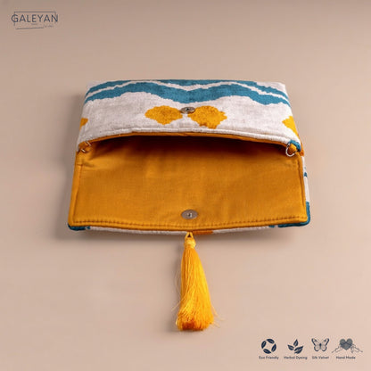 Silk Velvet Ikat Clutch – Off White / Saffron Gold / Turquoise