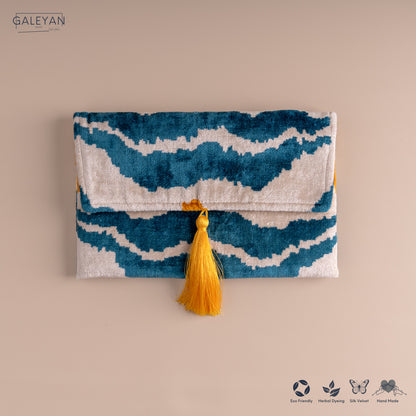 Silk Velvet Ikat Clutch – Off White / Saffron Gold / Turquoise