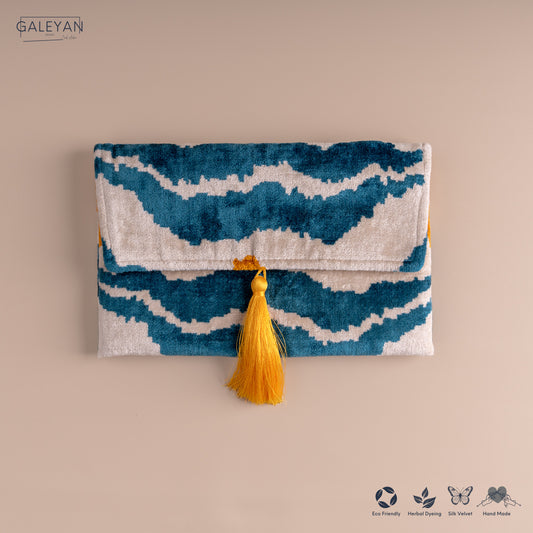 Silk Velvet Ikat Clutch – Off White / Saffron Gold / Turquoise