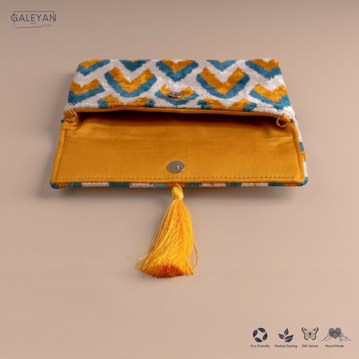 Silk Velvet Ikat Clutch – Off White / Saffron Gold / Turquoise