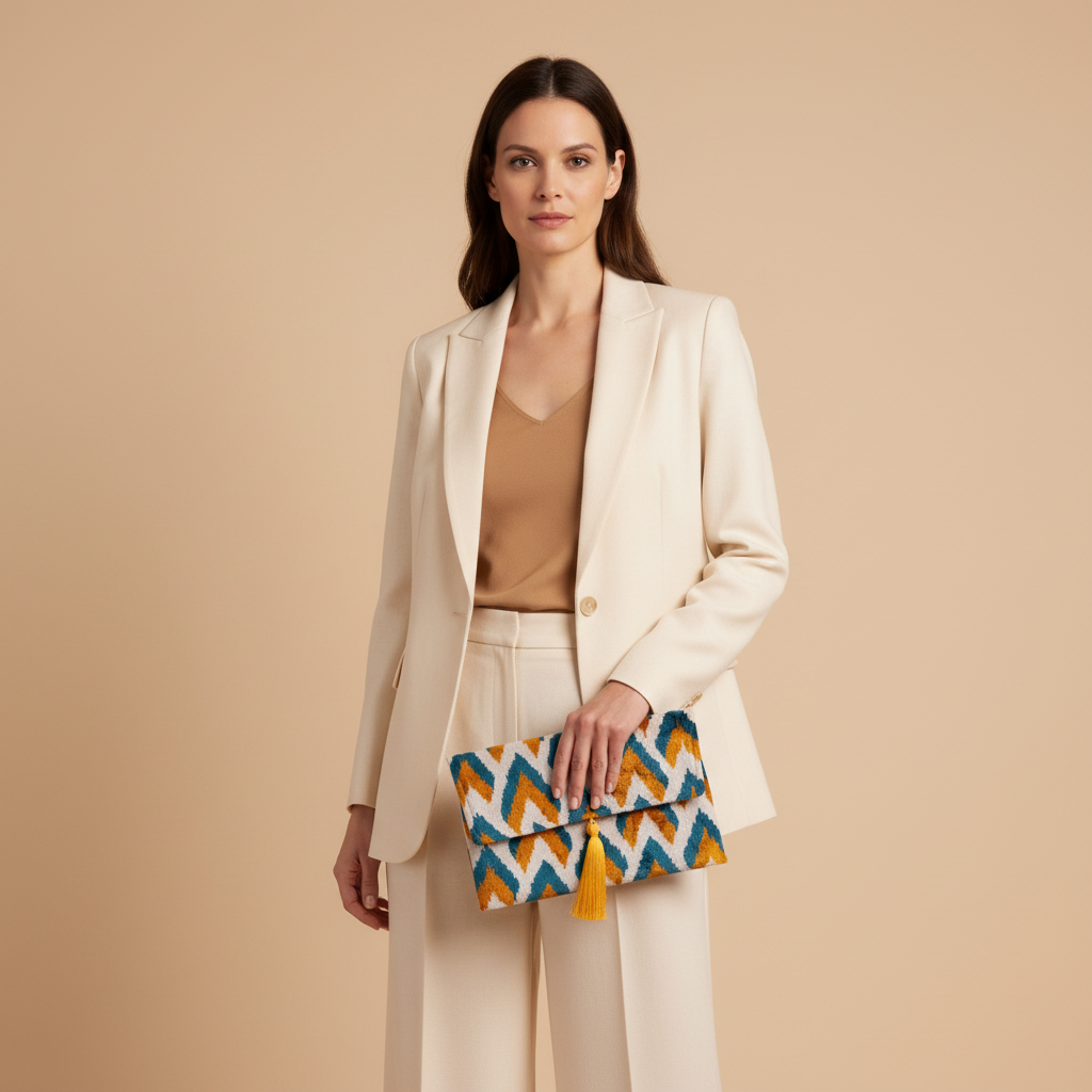 Silk Velvet Ikat Clutch – Off White / Saffron Gold / Turquoise