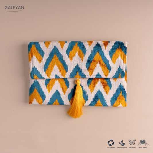 Silk Velvet Ikat Clutch – Off White / Saffron Gold / Turquoise