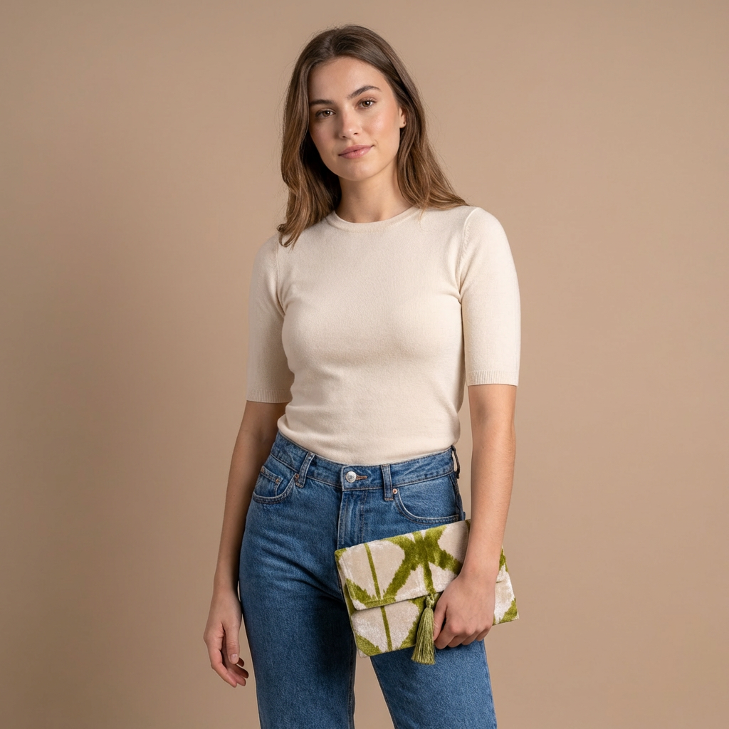 Silk Velvet Ikat Clutch – Off White / Pistachio Green