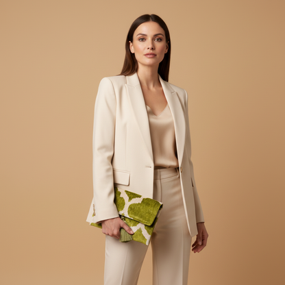 Silk Velvet Ikat Clutch – Off White / Green