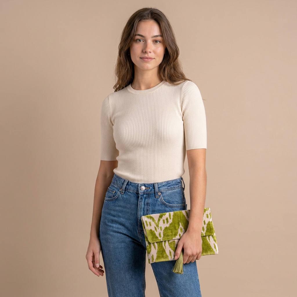 Silk Velvet Ikat Clutch – Off White / Pistachio Green