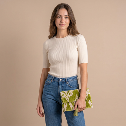 Silk Velvet Ikat Clutch – Off White / Pistachio Green