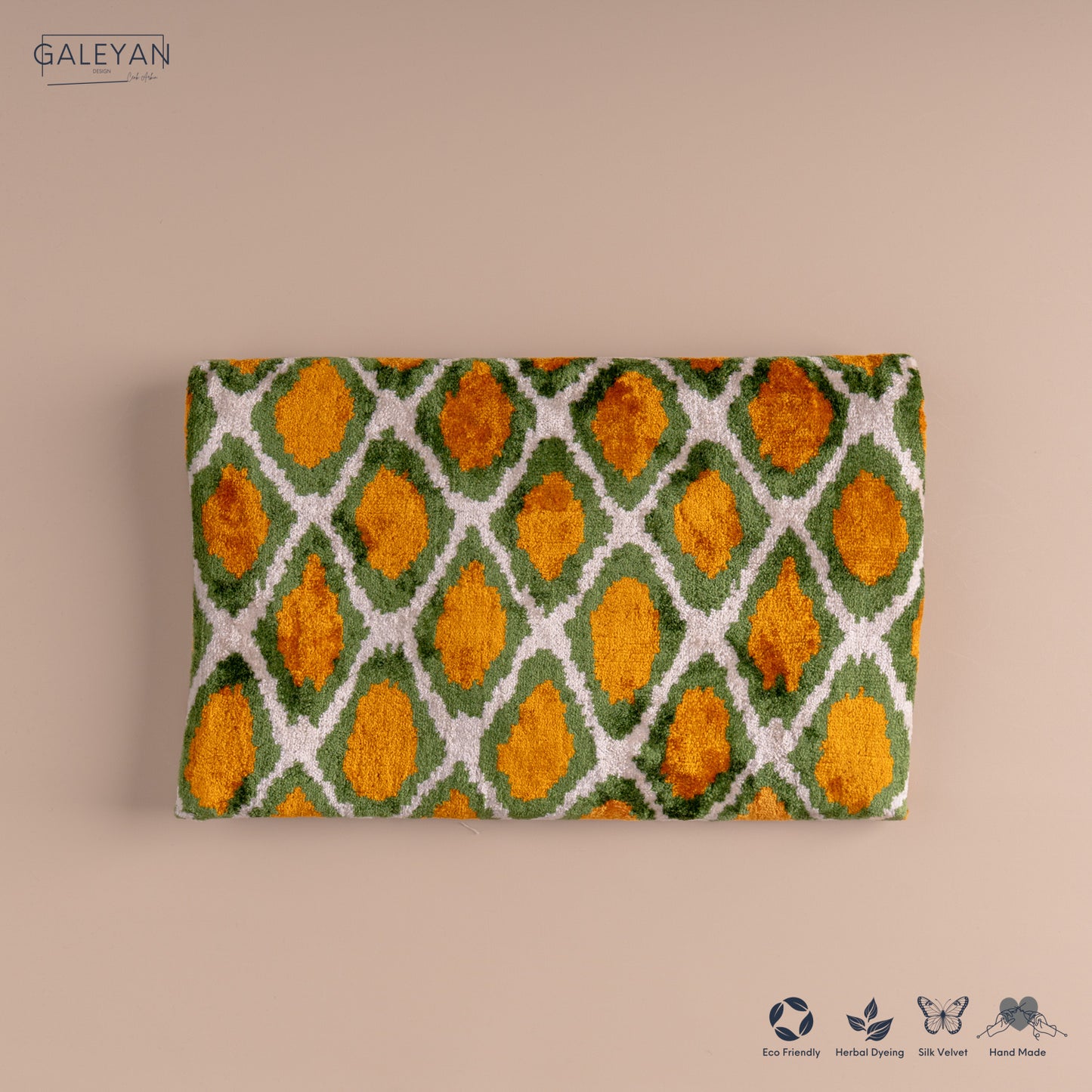 Silk Velvet Ikat Clutch – Off White / Pistachio Green / Saffron Gold