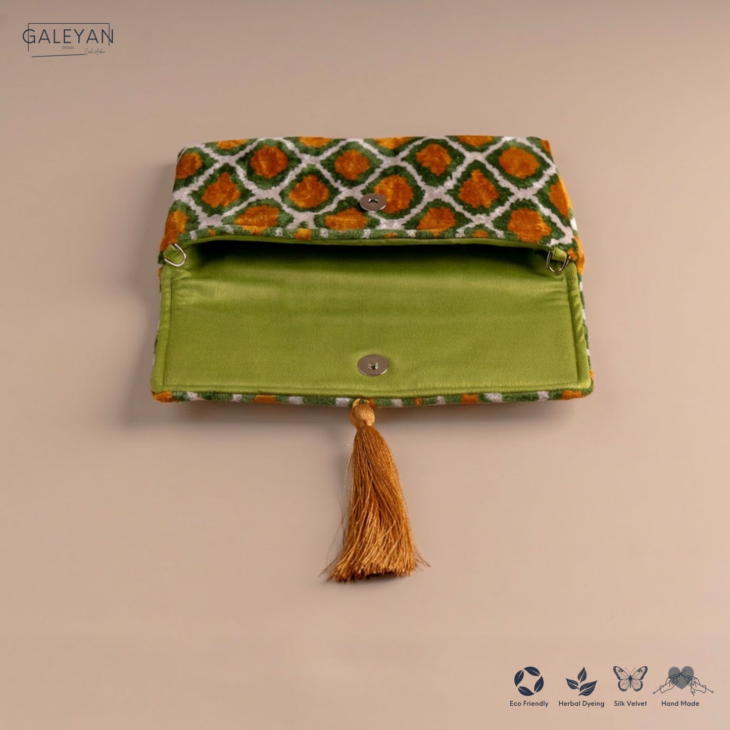 Silk Velvet Ikat Clutch – Off White / Pistachio Green / Saffron Gold