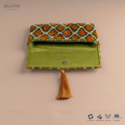 Silk Velvet Ikat Clutch – Off White / Pistachio Green / Saffron Gold