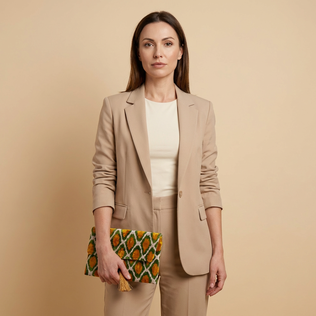 Silk Velvet Ikat Clutch – Off White / Pistachio Green / Saffron Gold