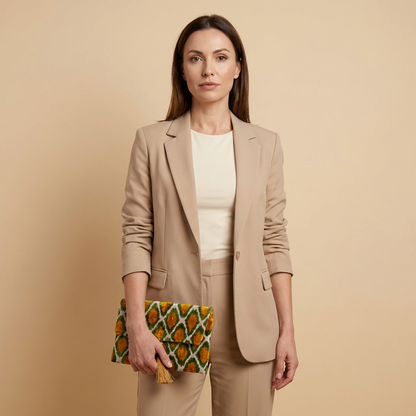Silk Velvet Ikat Clutch – Off White / Pistachio Green / Saffron Gold