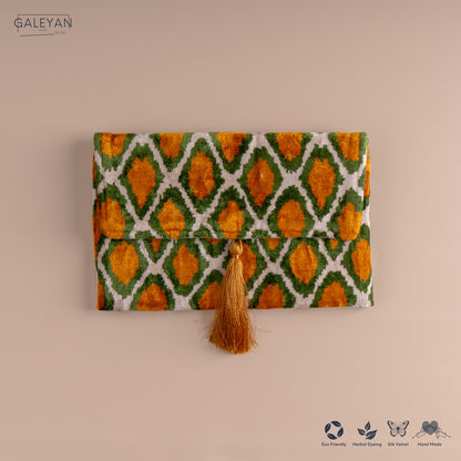 Silk Velvet Ikat Clutch – Off White / Pistachio Green / Saffron Gold