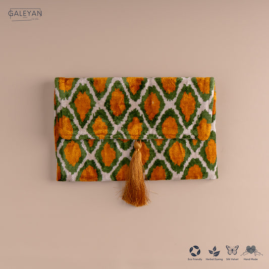 Silk Velvet Ikat Clutch – Off White / Pistachio Green / Saffron Gold