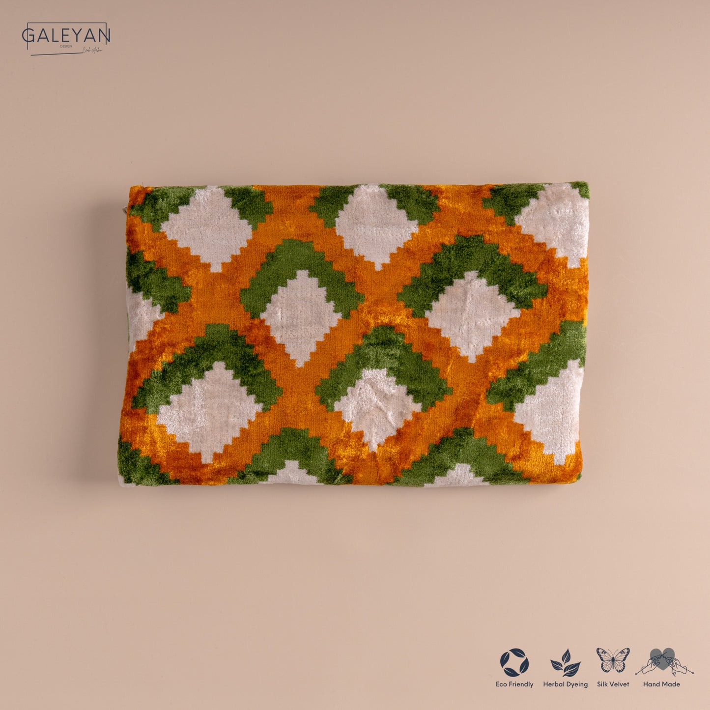 Silk Velvet Ikat Clutch – Off White / Pistachio Green / Saffron Gold