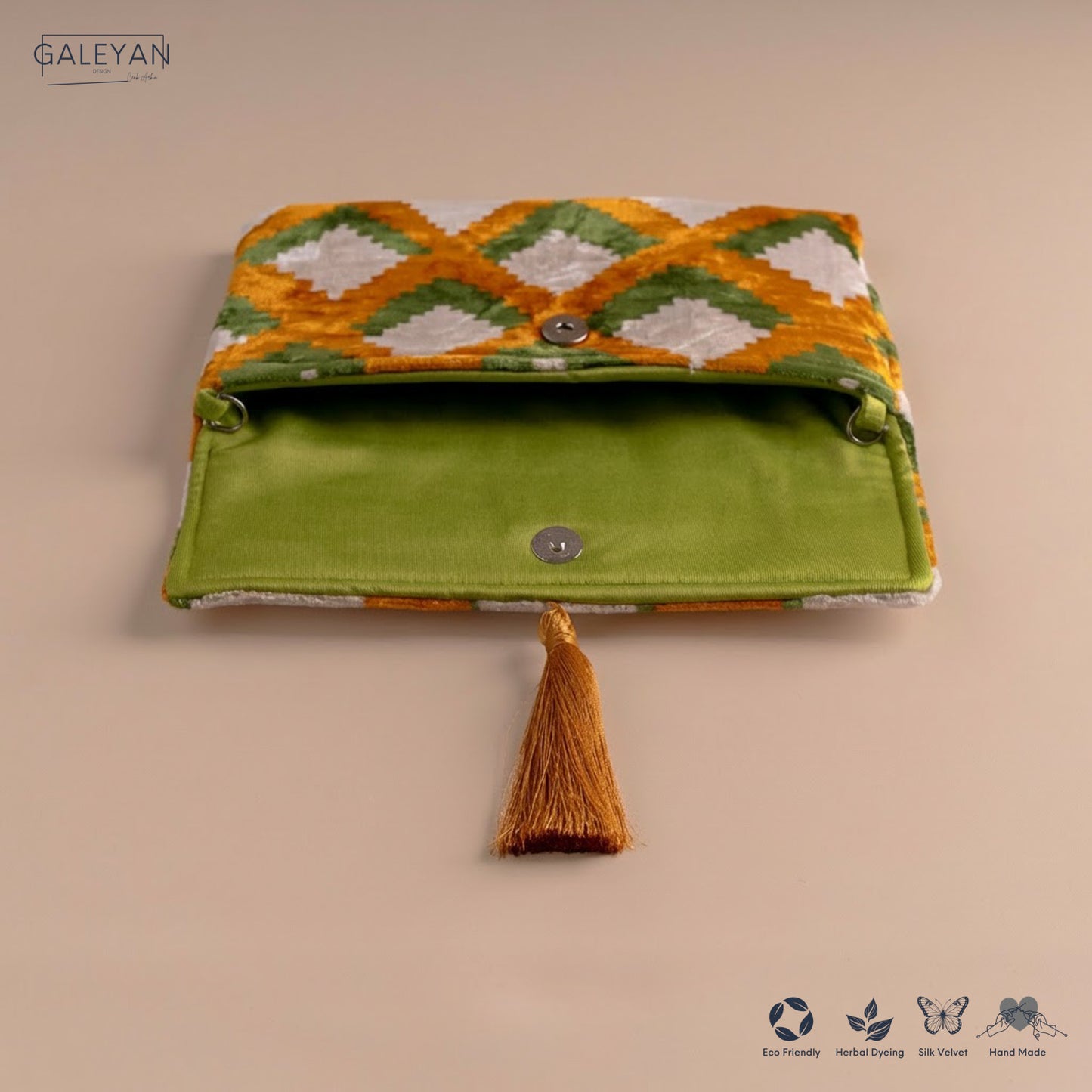 Silk Velvet Ikat Clutch – Off White / Pistachio Green / Saffron Gold