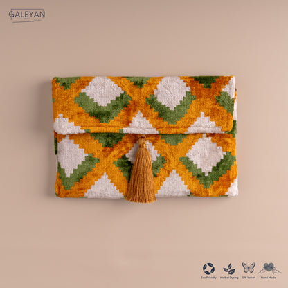 Silk Velvet Ikat Clutch – Off White / Pistachio Green / Saffron Gold