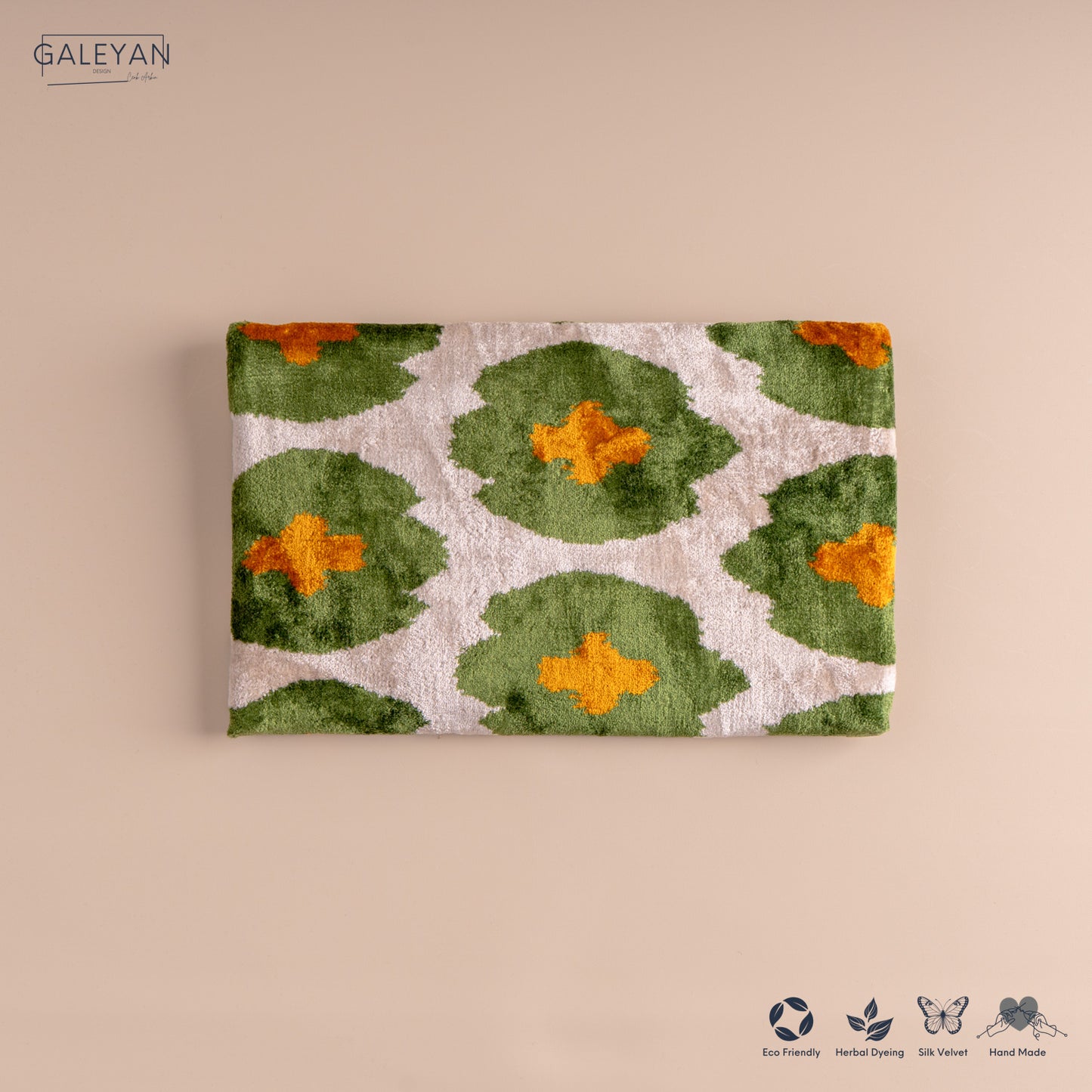 Silk Velvet Ikat Clutch – Off White / Green / Saffron Gold