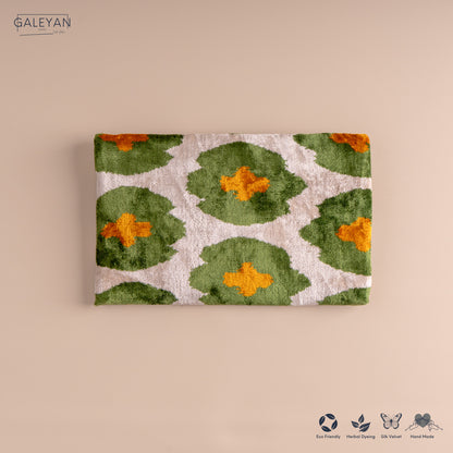Silk Velvet Ikat Clutch – Off White / Green / Saffron Gold
