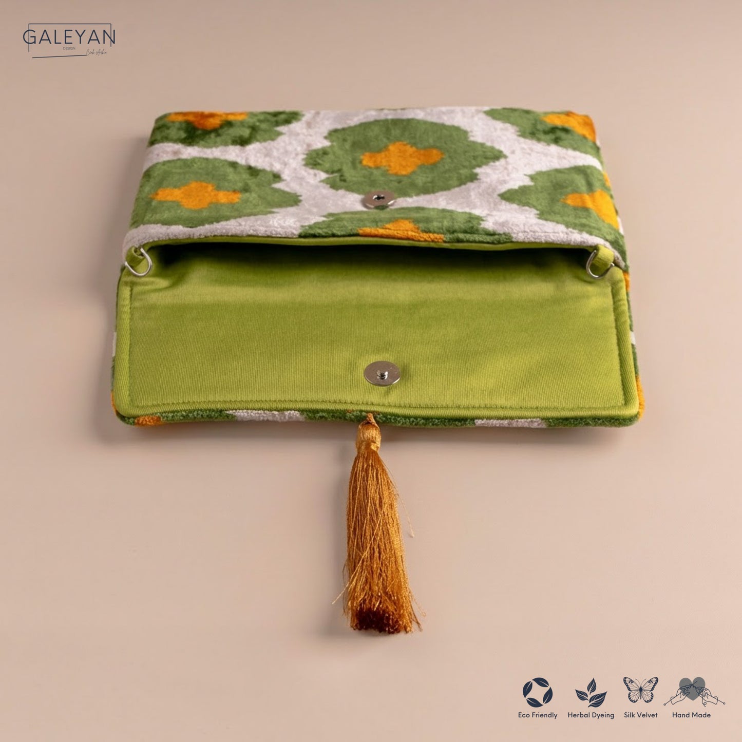 Silk Velvet Ikat Clutch – Off White / Green / Saffron Gold