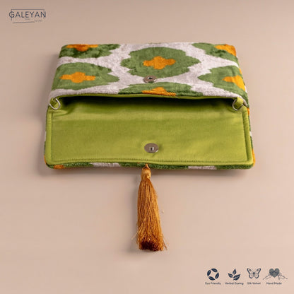 Silk Velvet Ikat Clutch – Off White / Green / Saffron Gold