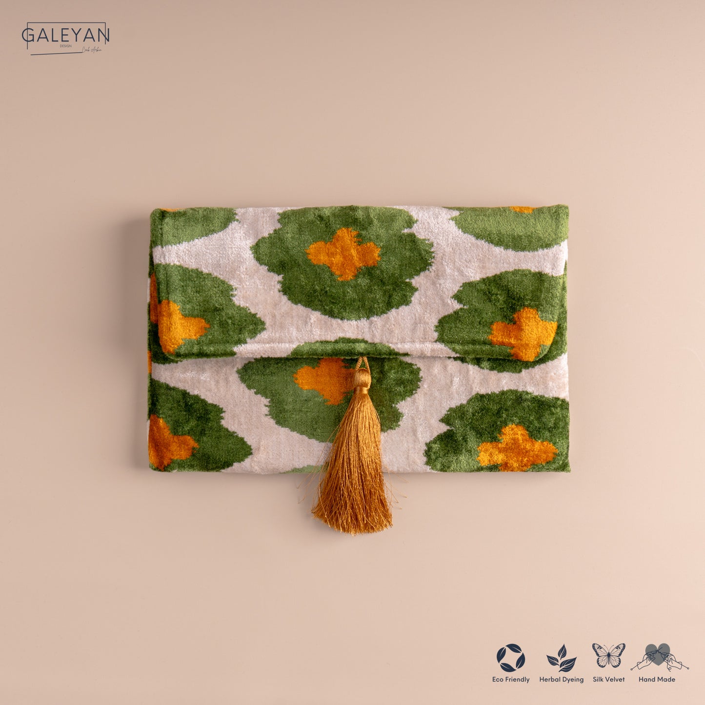 Silk Velvet Ikat Clutch – Off White / Green / Saffron Gold