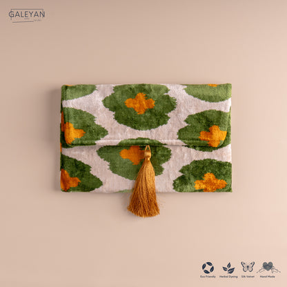 Silk Velvet Ikat Clutch – Off White / Green / Saffron Gold