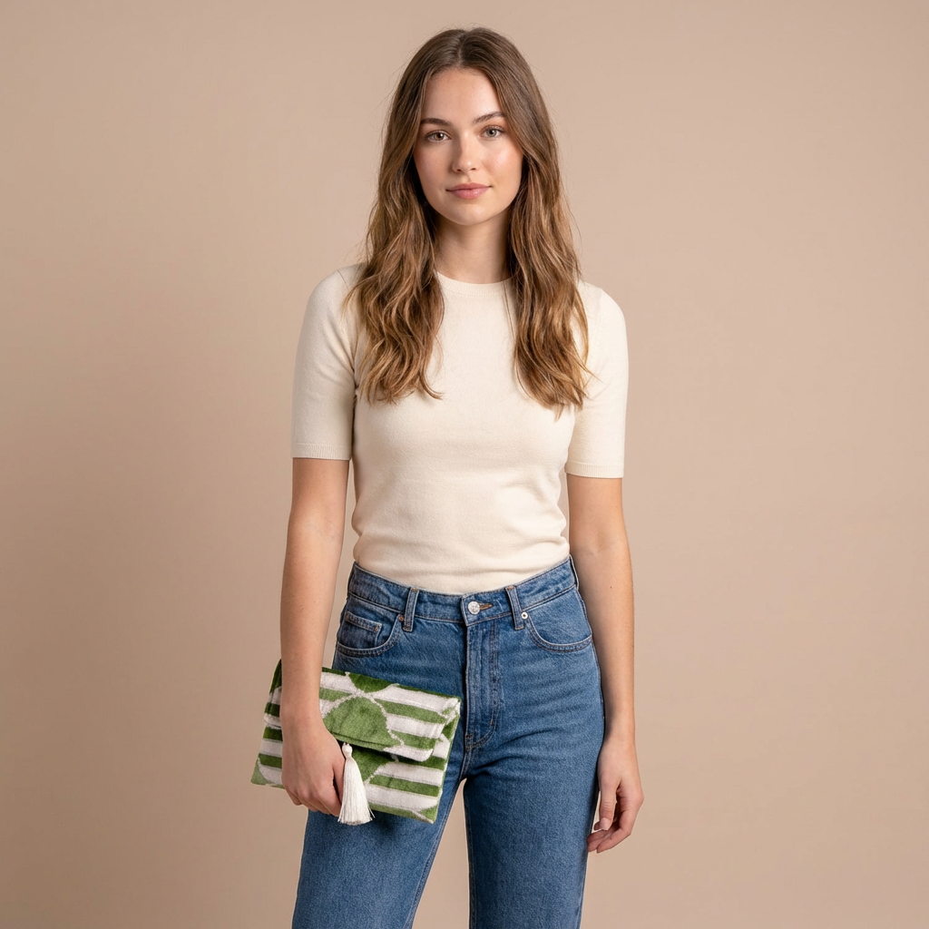 Silk Velvet Ikat Clutch – Off White / Green