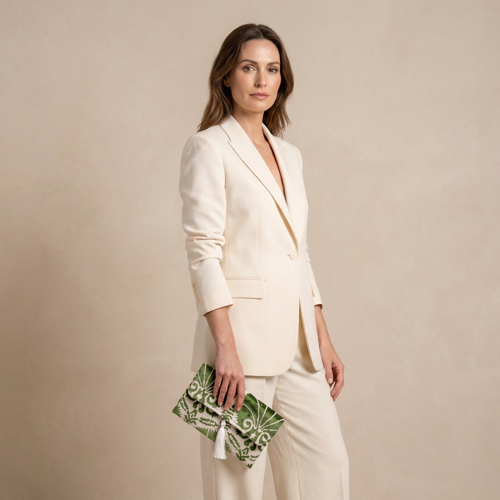 Silk Velvet Ikat Clutch – Off White / Green