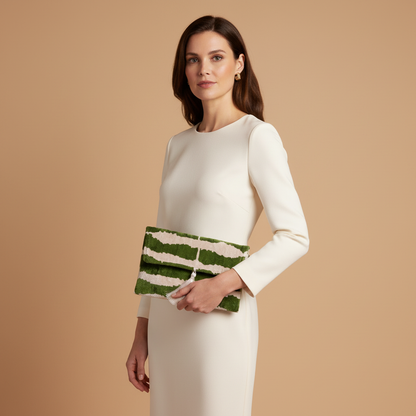 Silk Velvet Ikat Clutch – Off White / Green