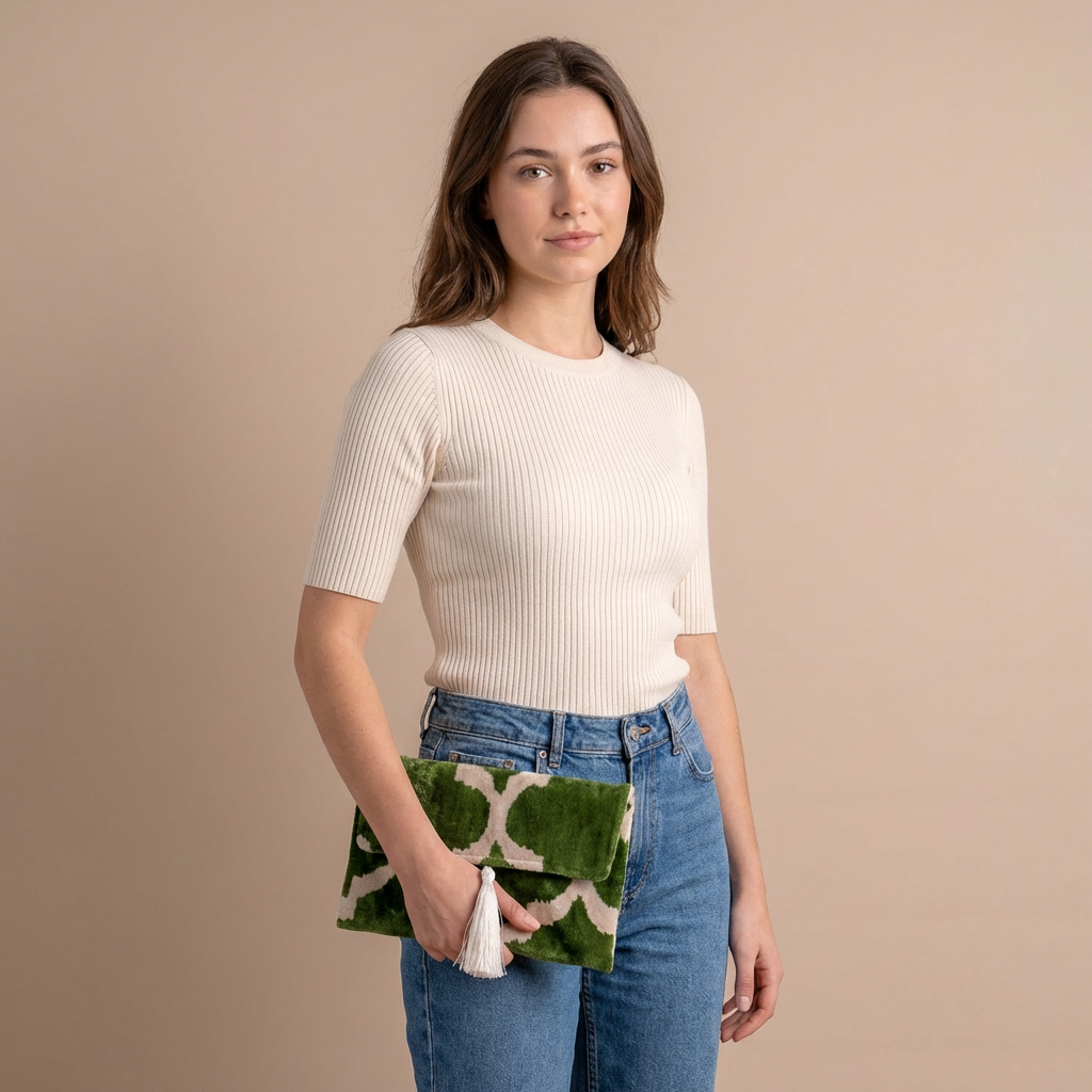 Silk Velvet Ikat Clutch – Off White / Green